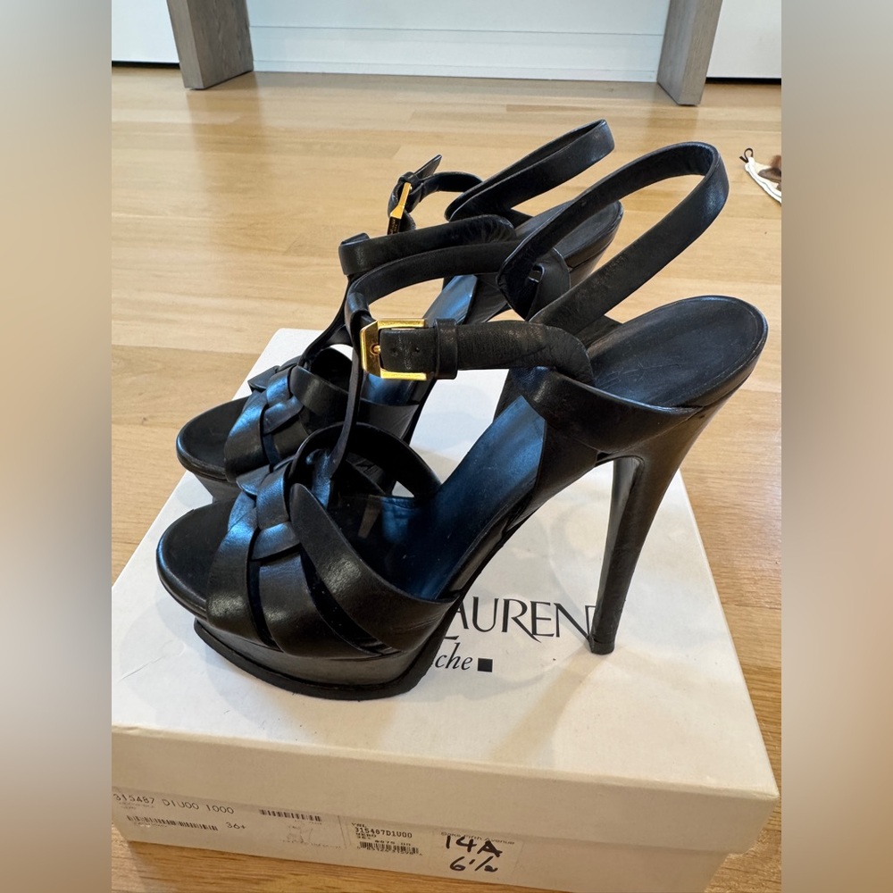 Saint Laurent Tribute Black Leather High-Heel Slingback Sandals
